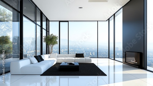 Spacious modern living room with minimalist black and white decor, sleek lines, and large glass windows, urban minimalism, contemporary space