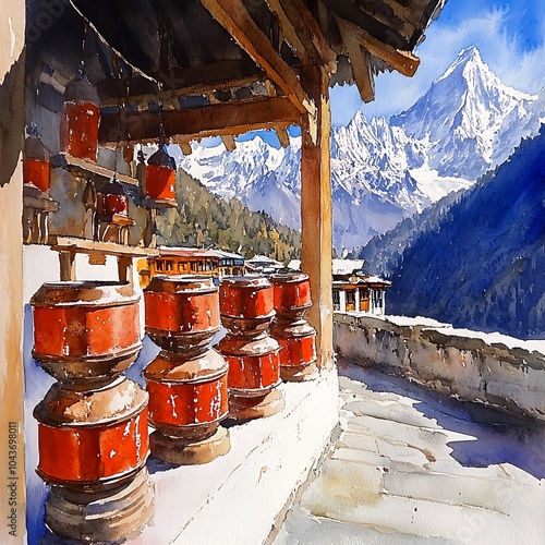 Watercolor Painting of Prayer Wheels in a Himalayan Mountain Village. photo