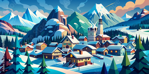 A natural vector landscape illustration of a charming alpine winter village with snow and cabins.