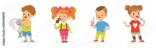 Cute Boy and Girl Character Eat Sweet and Sugary Treat Vector Set