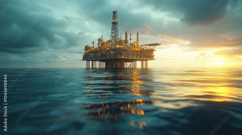 Oil rig at sunset, reflecting light on calm ocean waters. Oil rig at sunset, reflecting light on calm ocean waters.