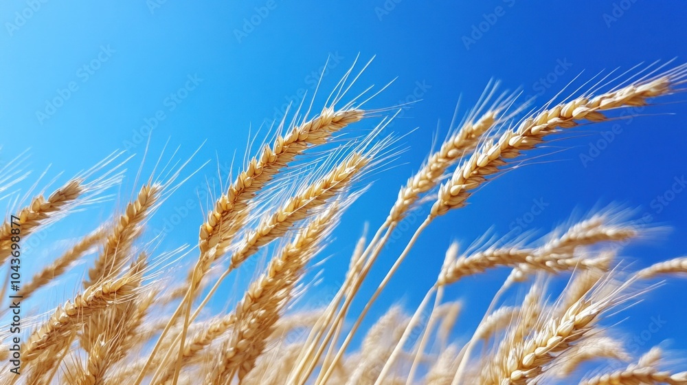 Golden wheat stalks swaying gently in a summer breeze against a bright blue sky. Golden wheat stalks swaying gently in a summer breeze against a bright blue sky.
