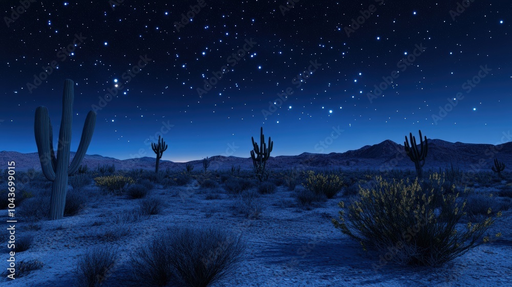 A serene desert night under a starry sky with silhouetted cacti and distant mountains, capturing the tranquility of the vast wilderness. A serene desert night under a starry sky with silhouetted cacti and distant mountains, capturing the tranquility of the vast wilderness.