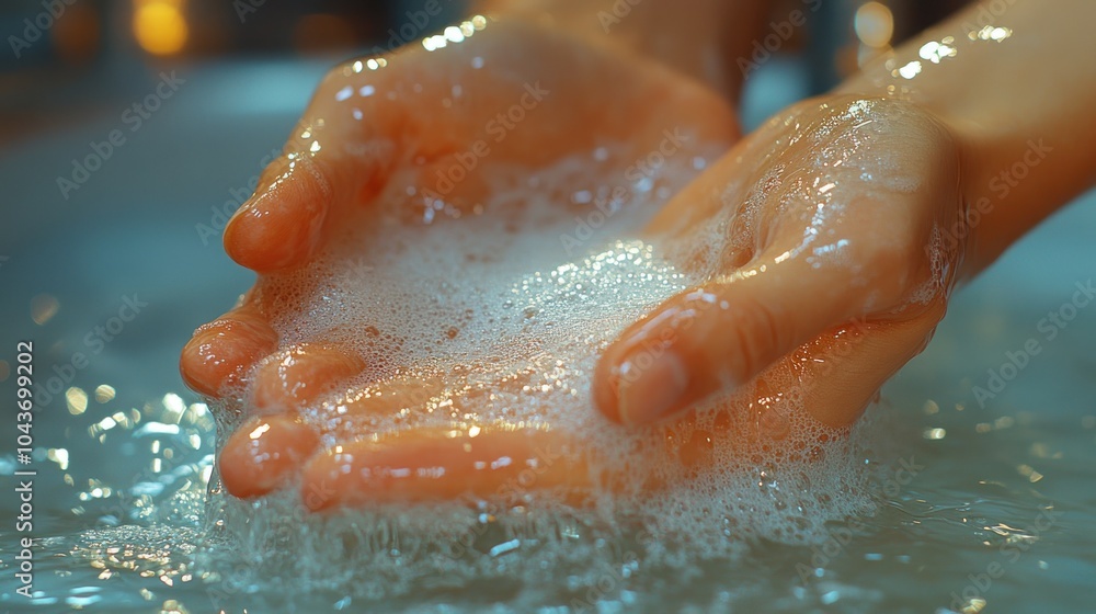Fototapeta premium Hands holding soapy water, emphasizing cleanliness and hygiene.