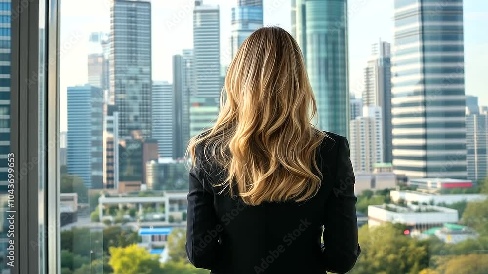 A professional businesswoman in a sharp suit, standing before a panoramic office window, gazing at the modern city skyline with its towering skyscrapers, symbolizing success, leadership, and vision A professional businesswoman in a sharp suit, standing before a panoramic office window, gazing at the modern city skyline with its towering skyscrapers, symbolizing success, leadership, and vision