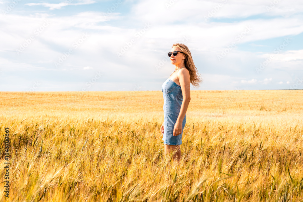 Russia, Republic of Tatarstan, Kalmash village, August 01, 2024, 17:00, girl in a dress in a wheat field in summer Russia, Republic of Tatarstan, Kalmash village, August 01, 2024, 17:00, girl in a dress in a wheat field in summer
