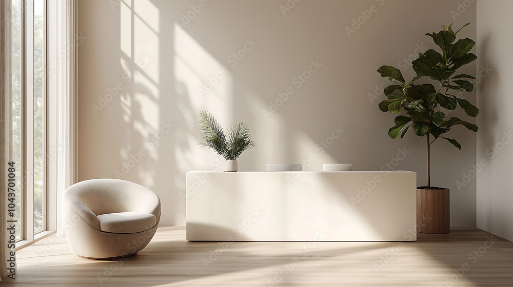 Minimalist office reception with natural lighting and stylish decor Minimalist office reception with natural lighting and stylish decor