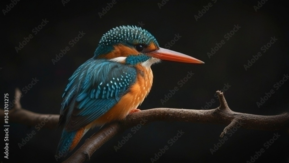 Fototapeta premium Common Kingfisher on Branch, Dark Background