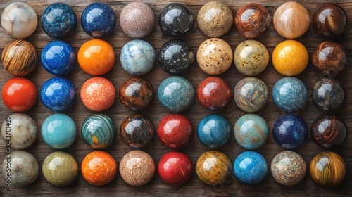 A collection of colorful, polished, round stones arranged in rows on a rustic wooden background.