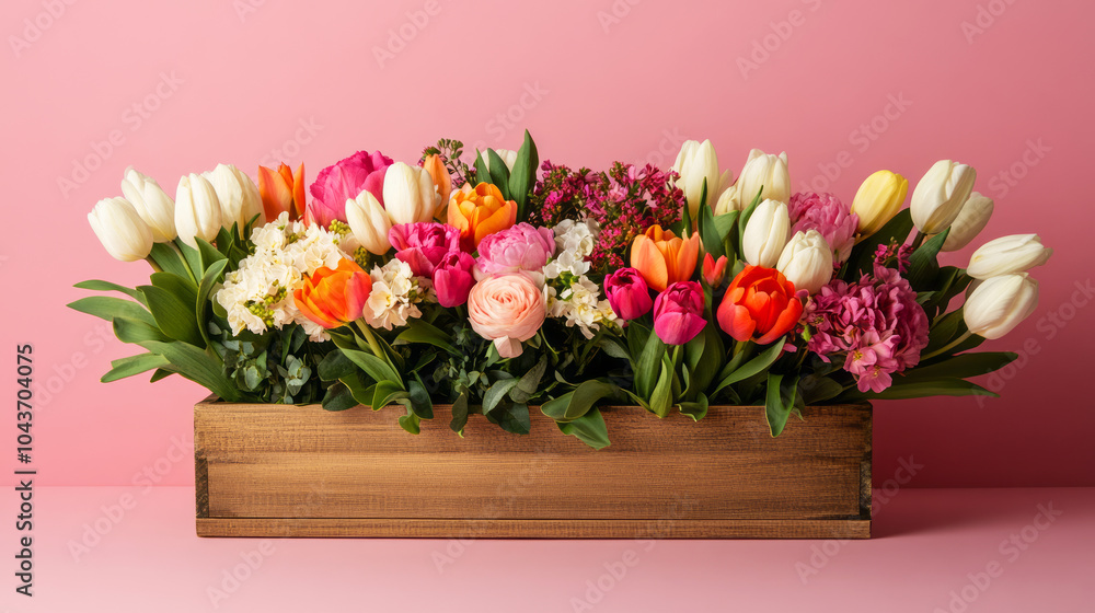 Vibrant Floral Arrangement in Rustic Wooden Box Vibrant Floral Arrangement in Rustic Wooden Box