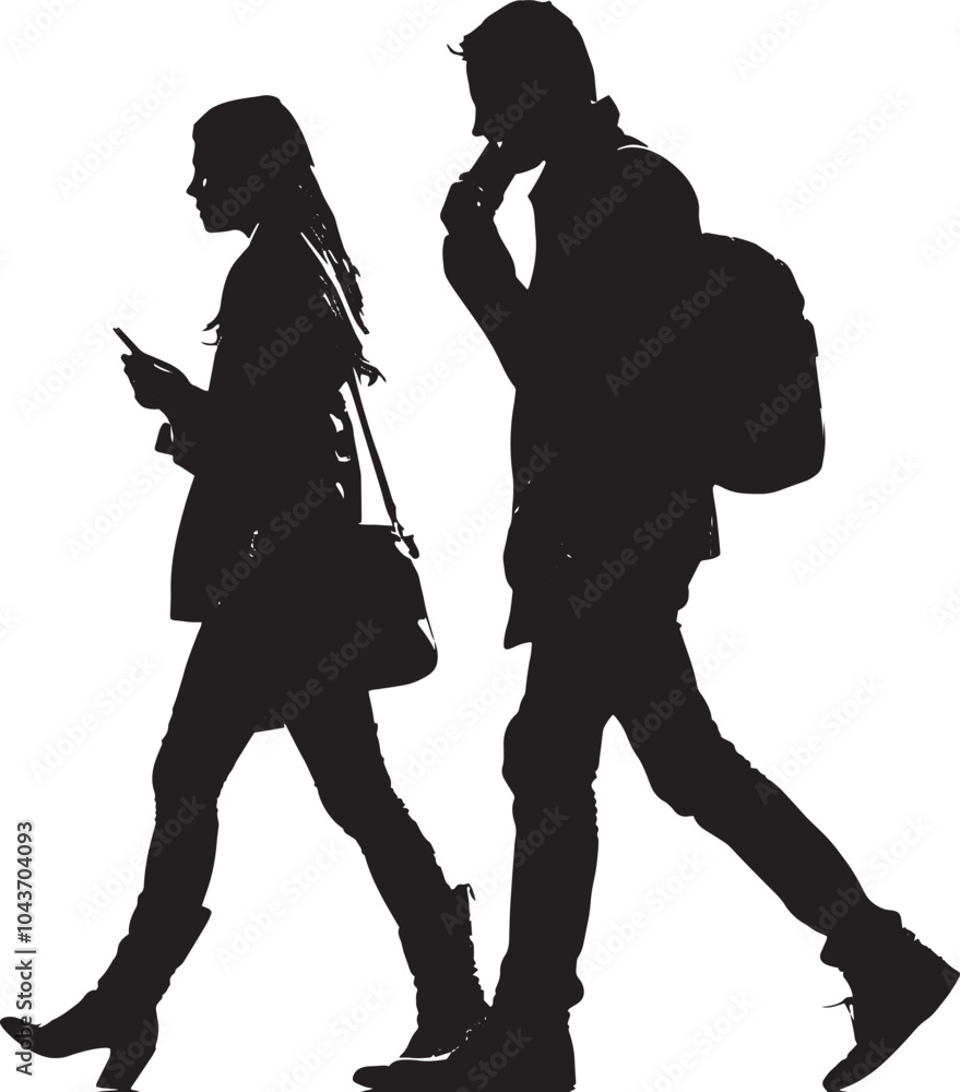 Silhouettes of a man and woman walking side by side, each engrossed in ...