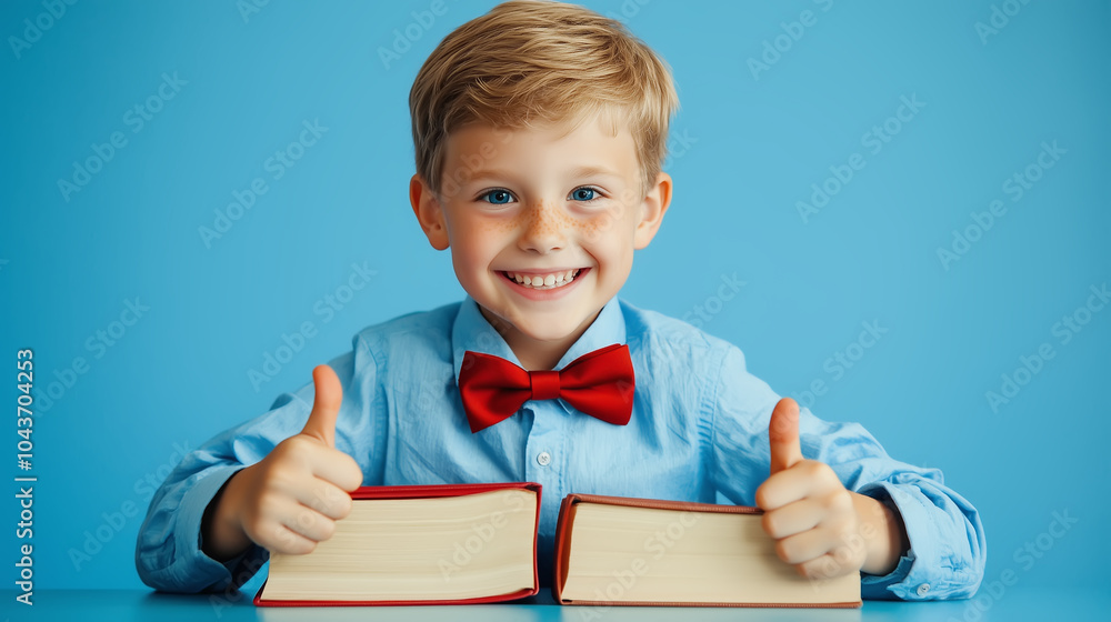 10 year old boy sitting at a table with two books in front of him and giving thumbs up on a blue background. Education, Back to School 10 year old boy sitting at a table with two books in front of him and giving thumbs up on a blue background. Education, Back to School