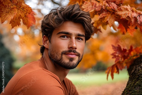 Portrait of a man sitting on a bench in a park during autumn wearing an orange shirt and looking towards the camera capturing casual outdoor fashion and relaxed fall vibes photo