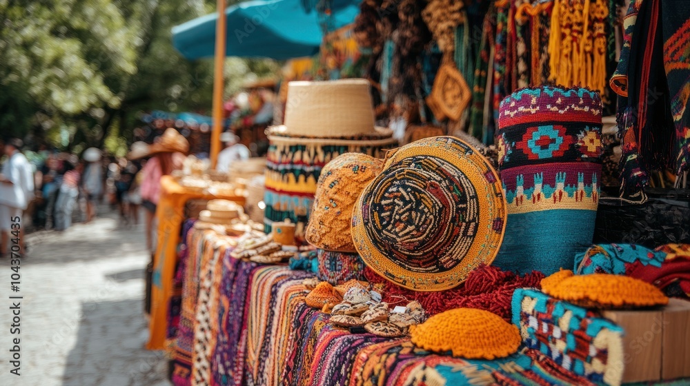 Obraz premium Colorful woven hats and textiles for sale at a street market.
