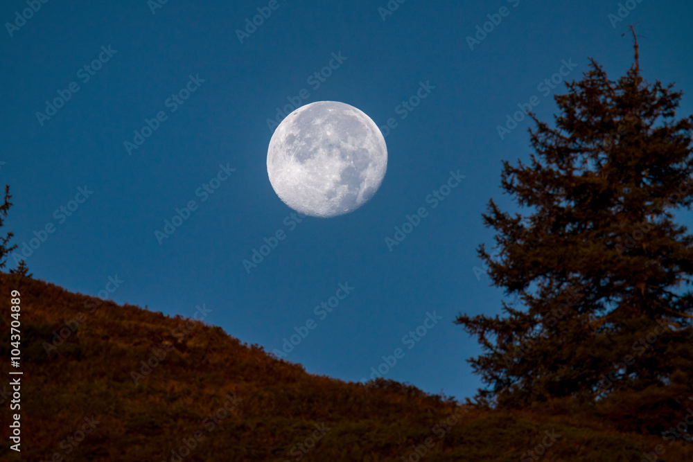 at sunrise on the mountains and the super full moon goes down, at a autumn morning at sunrise on the mountains and the super full moon goes down, at a autumn morning