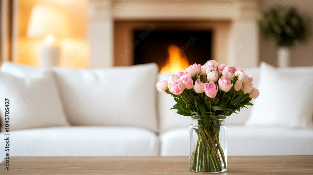 Cozy Living Room with Warm Fireplace and Vase of Flowers Cozy Living Room with Warm Fireplace and Vase of Flowers