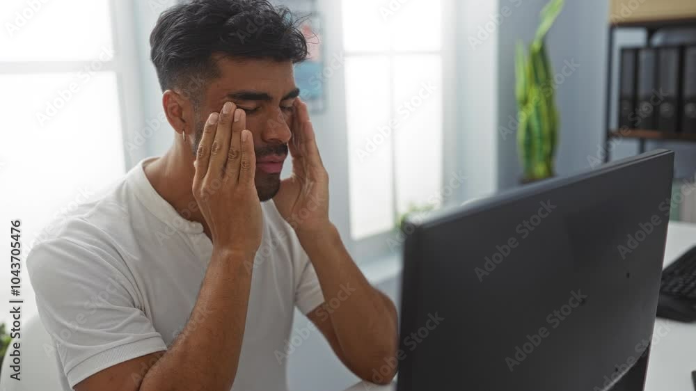 Man working and feeling stressed in an office room with computer and plants by the window Man working and feeling stressed in an office room with computer and plants by the window