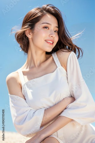 A woman is wearing a white dress and smiling