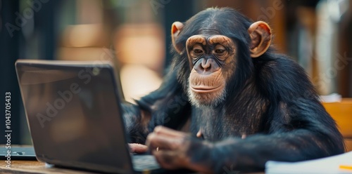 Chimpanzee Using Laptop Computer Outdoors