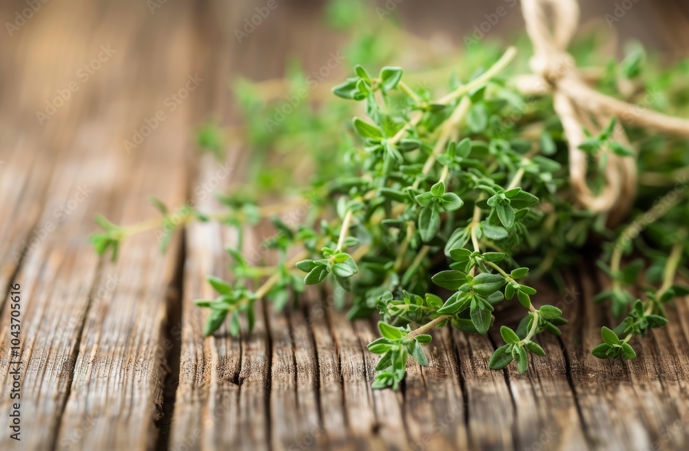 Thyme Sprigs on Wooden Table Thyme Sprigs on Wooden Table