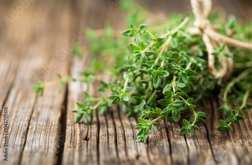 Thyme Sprigs on Wooden Table