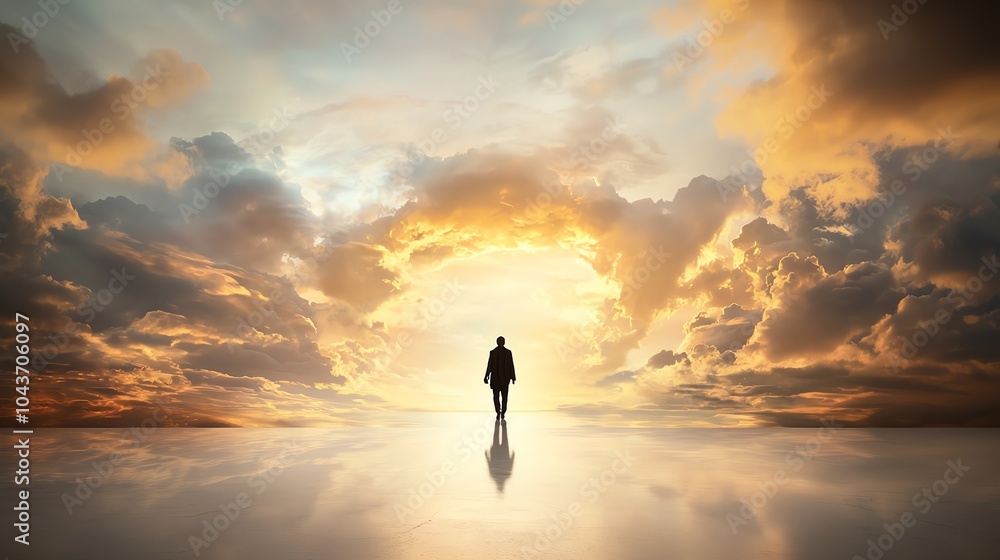 A surreal figure walking on a glowing path of color, with the sky filled with swirling, vibrant clouds A surreal figure walking on a glowing path of color, with the sky filled with swirling, vibrant clouds