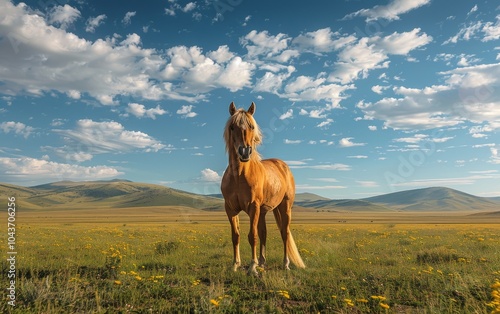 A Single Horse Stands in a Meadow Under a Blue Sky