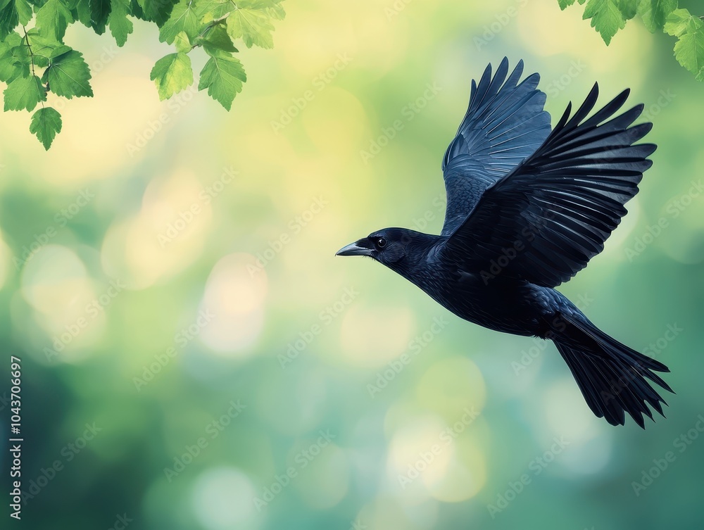 Fototapeta premium Black bird flying in a natural setting