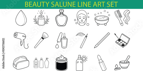 WebA set of 18 line art illustrations depicting various beauty salon and cosmetic items, including a hairdryer, makeup brush, lipstick, and a bath.