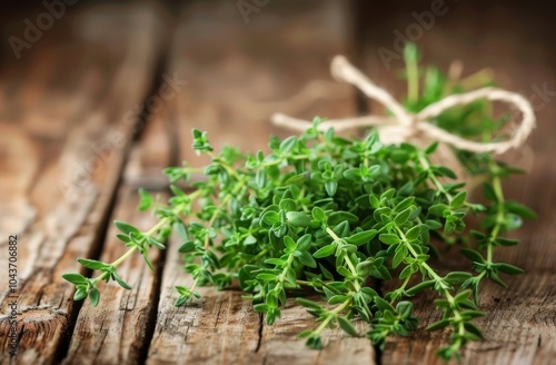 Thyme Sprigs on Wooden Table