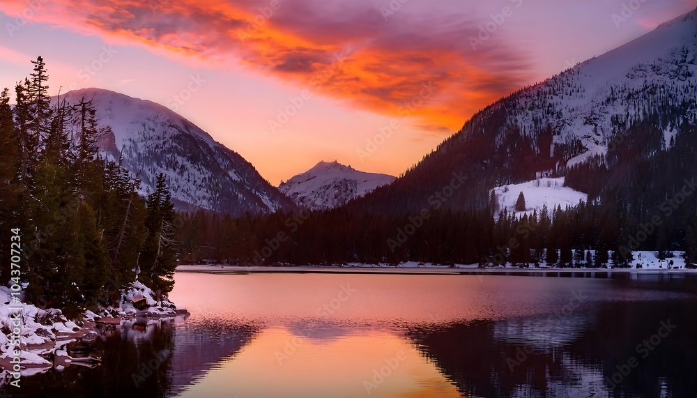 Winter sunrise over a tranquil mountain lake with vibrant colors reflecting on the icy water. Generative AI Winter sunrise over a tranquil mountain lake with vibrant colors reflecting on the icy water. Generative AI