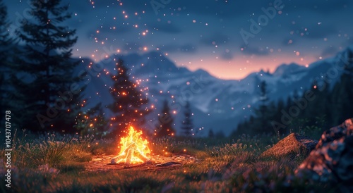 Campfire Burning Brightly in a Mountain Forest at Night