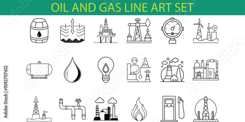 A collection of 18 line art icons depicting various elements related to the oil and gas industry, including oil rigs, pipelines, barrels, and gas stations.