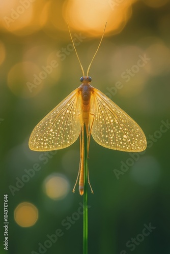 Golden insect resting on a blade of grass during sunset in a natural setting