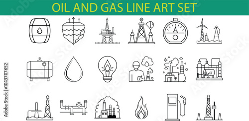 A set of 18 line art icons representing various aspects of the oil and gas industry, including barrels, pumps, refineries, and energy symbols.