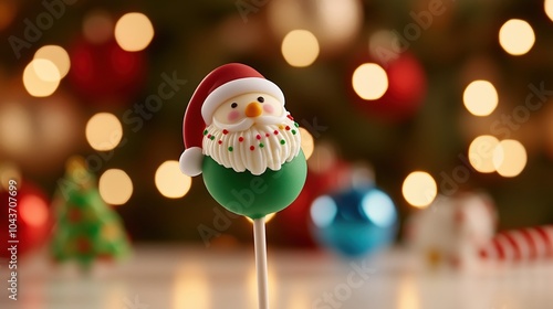 A festive Christmas cake pop decorated as Santa, surrounded by colorful holiday decorations and soft bokeh lights. photo