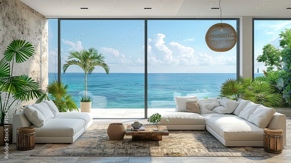 Modern living room with large windows overlooking the ocean, featuring a white sofa, coffee table, and tropical plants. Modern living room with large windows overlooking the ocean, featuring a white sofa, coffee table, and tropical plants.