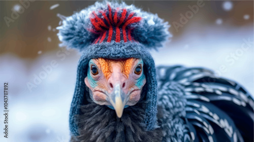 Funny photo of a turkey in a knitted hat on the street in winter. Thanksgiving turkey, Christmas, New Year. Bird in a hat. Cold snap, winter weather, temperature. Funny poster with animals in a hat.