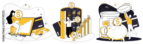 Money management vector illustration. Bankers dance with rhythm money management, orchestrating harmonious financial ballet Technology weaves fabric financial reports, creating tapestry economic