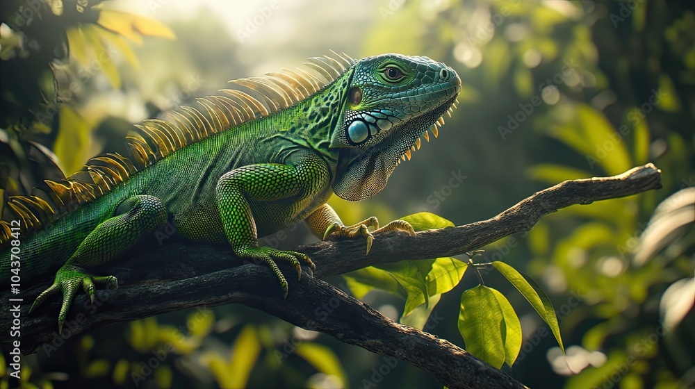 1. A vibrant green iguana perched on a branch, basking in the sunlight 1. A vibrant green iguana perched on a branch, basking in the sunlight
