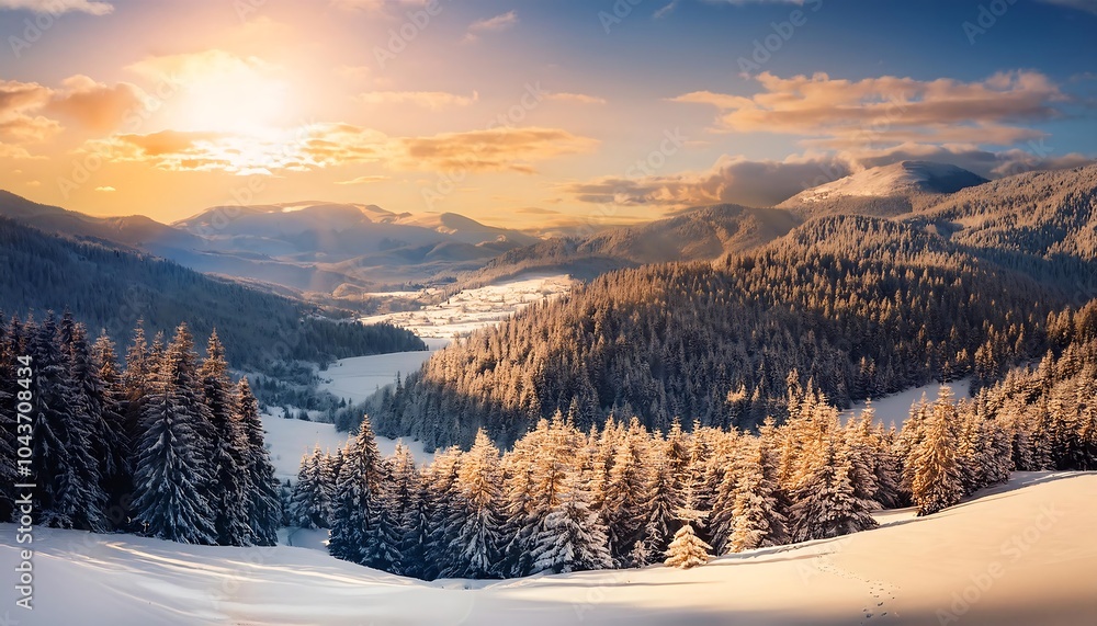 A serene winter morning in a snowy mountain valley with conifer trees basking in warm sunlight. Generative AI A serene winter morning in a snowy mountain valley with conifer trees basking in warm sunlight. Generative AI