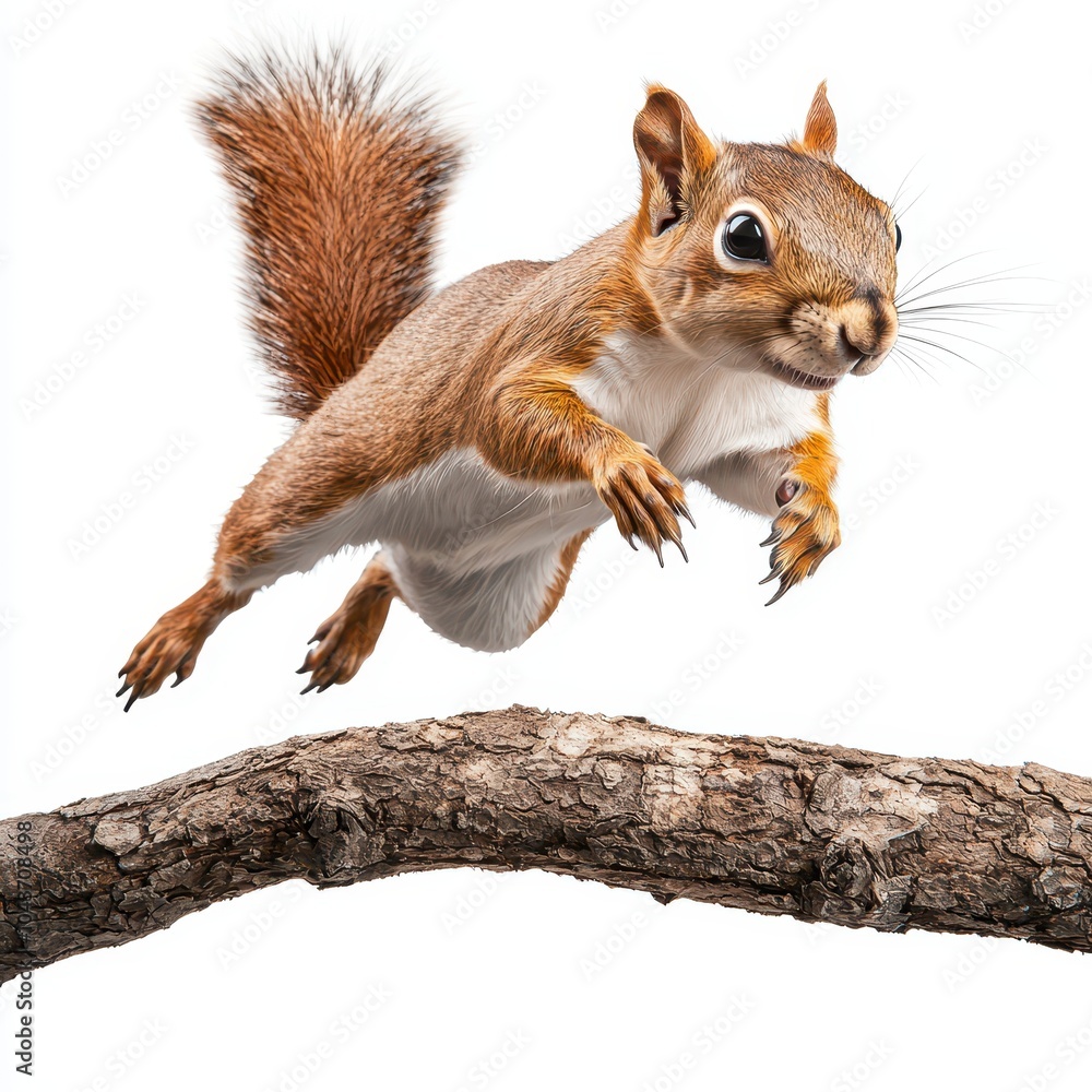 Obraz premium A squirrel leaps energetically from a branch, showcasing agility, white isolate background.