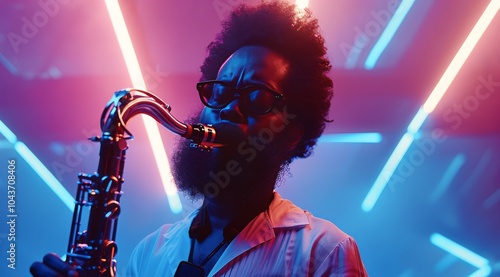 Saxophone Player Performing Under Neon Lights