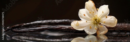 A Single Vanilla Blossom Resting on Dried Vanilla Beans