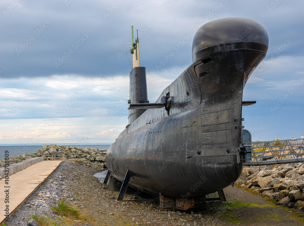 Obraz premium Remains of Historical HMCS Onondaga Submarine, Pointe-au-Père National Historic Site, Rimouski, Quebec, Canada