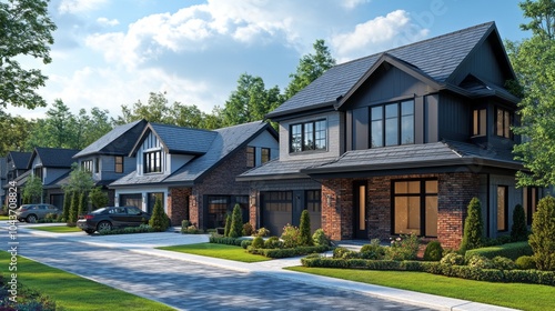 A row of houses with a brick facade and a green lawn