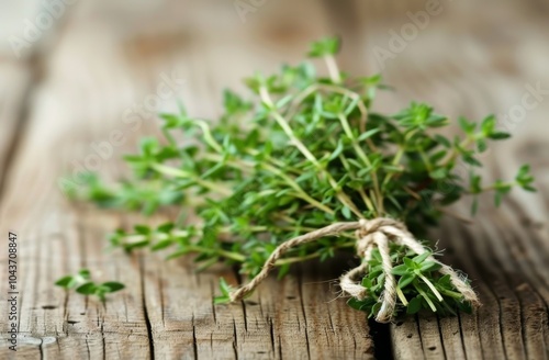Thyme Sprigs on Wooden Table