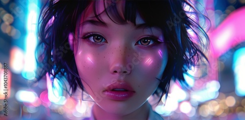 Close-Up Portrait of a Woman With Short Black Hair Illuminated by Neon Lights