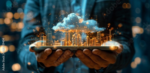 Person Holding Tablet With Cloud Computing Cityscape Illustration