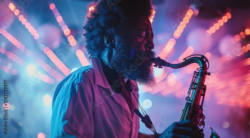 Saxophone Player Performing Under Neon Lights